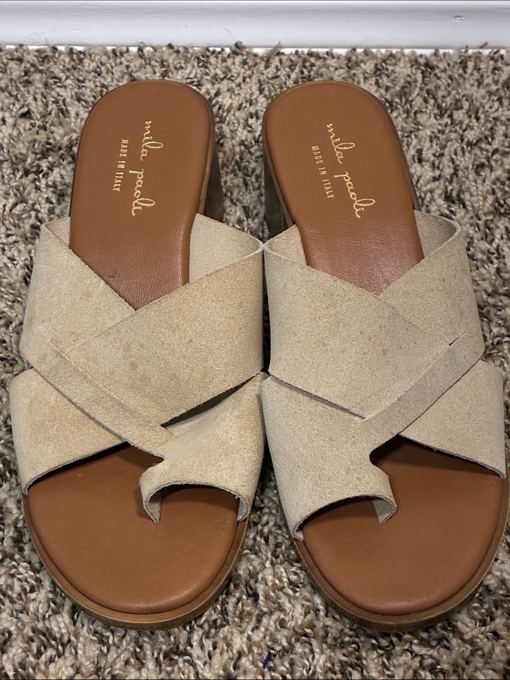 Mila Paoli Beige Suede Crisscross Slide Mules